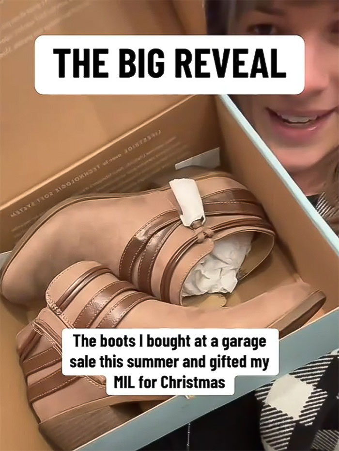 Woman holding thrifted boots gifted to her MIL with 'The Big Reveal' text overlay.