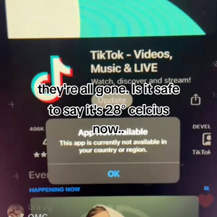 TikTok app unavailable message on screen, referencing global reaction to US ban.