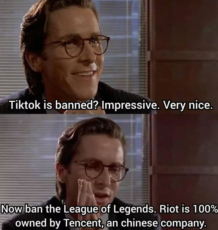 Man reacting to TikTok ban news with humor about League of Legends.