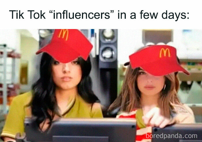 Two people wearing fast-food uniforms in a humorous meme about TikTok ban reactions.