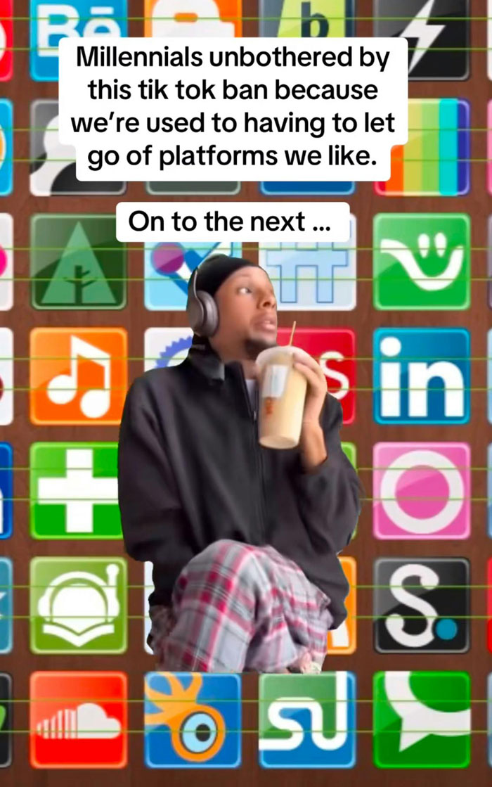 Person in headphones and plaid pants reacts with a drink in hand to TikTok ban news, colorful app icons in the background.