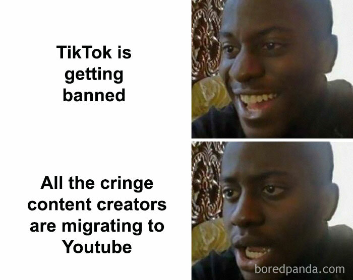 Man's expressions reacting to TikTok ban, with text about content creators moving to YouTube.