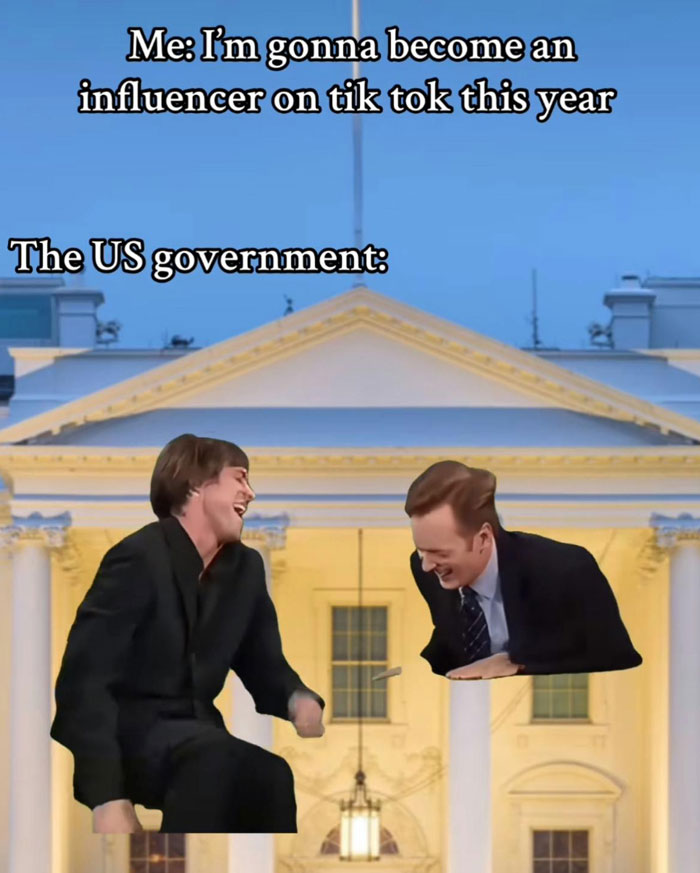 People laughing in front of the White House about TikTok ban in America.