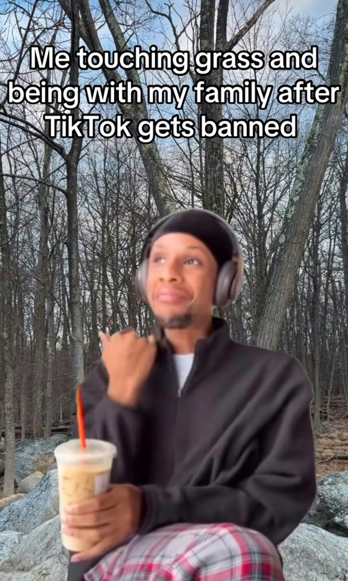 Person sitting in forest, wearing headphones, holding iced coffee; reflecting on TikTok being banned in America.