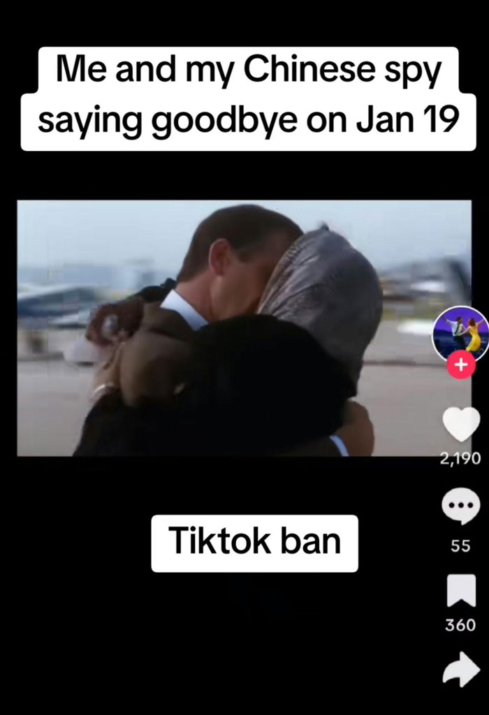 Man hugging, overlay text mentions TikTok ban, expressing reactions to the potential TikTok ban in America.