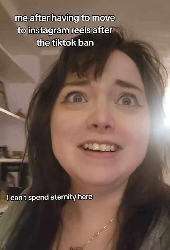 Person reacting humorously to TikTok ban, looking concerned with text about switching to Instagram Reels.