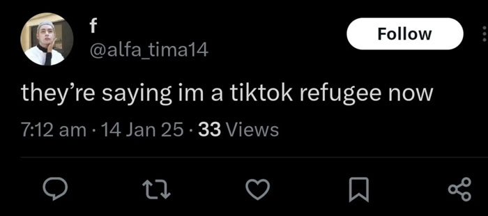 Tweet about being a "TikTok refugee" reflects reactions to TikTok ban in America.