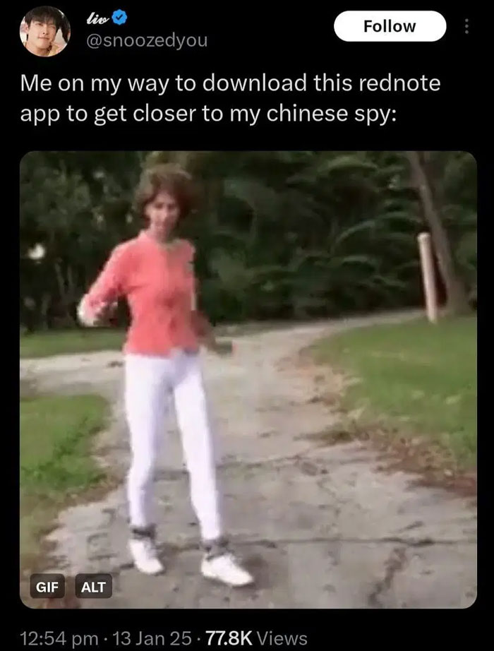 Person walking quickly on a path, humorously reacting to TikTok ban news in America.