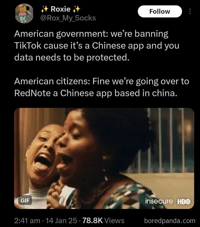Tweet humorously reacting to TikTok ban, featuring two women laughing in a GIF.