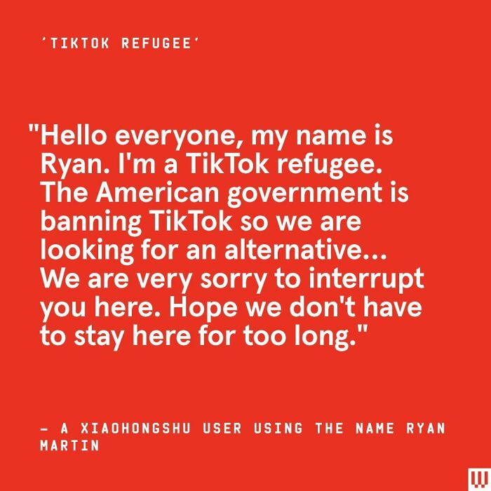 Text on a red background about TikTok being banned in America, expressing concern and searching for alternatives.