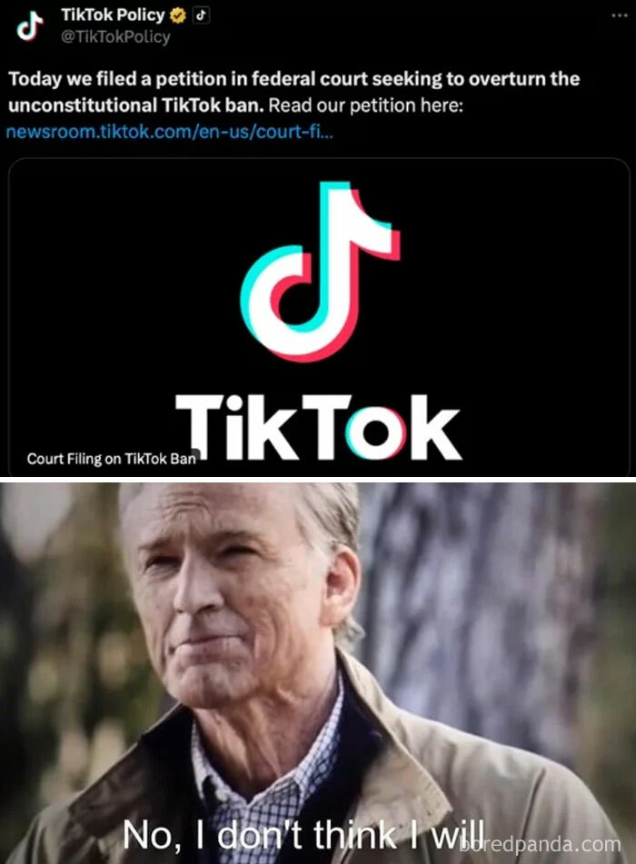 TikTok ban response featuring court filing announcement and humorous reaction image.