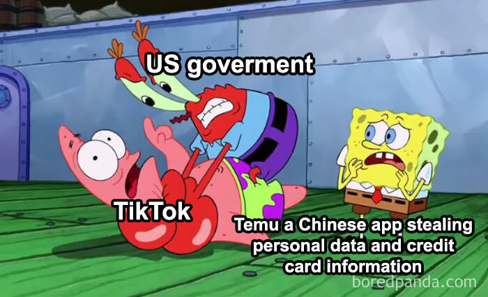 Cartoon characters portray US government and TikTok in a humorous scene, reflecting reactions to the TikTok ban.