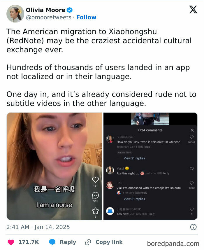 Screenshot of a tweet about TikTok ban reactions, showing a woman and comments on Xiaohongshu app.