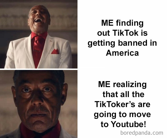 Man in split image reacting to news about TikTok being banned in America with mixed emotions.