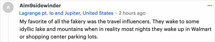 Comment expressing outrage about TikTok influencers lying about content, mentioning travel influencers' fake lifestyles.