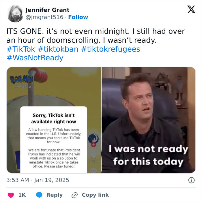 TikTok users react to US ban, meme with "I was not ready for this today" text.