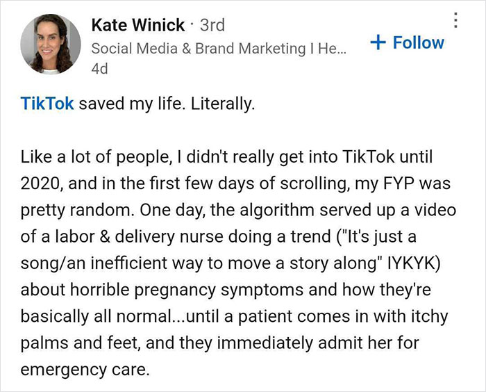 TikTok post by a woman explaining how the platform's content helped her seek emergency care, expressing gratitude for sharing.