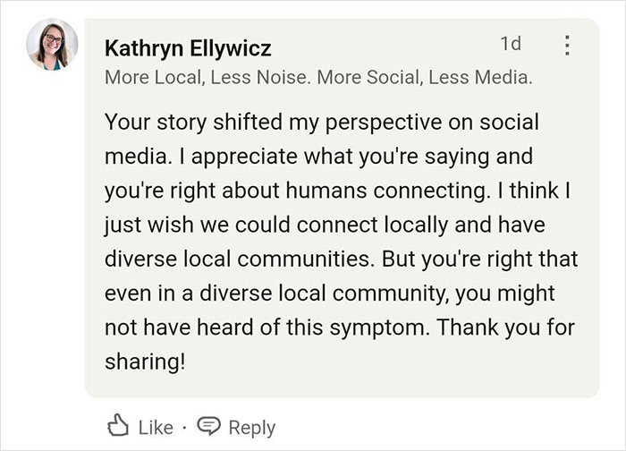 Comment appreciating shared story that influenced perspective on social media, mentioning local community connection.