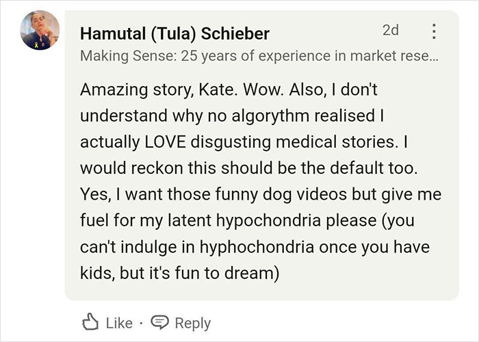 Comment appreciating a TikTok story, expressing love for medical content, and humor about hypochondria.