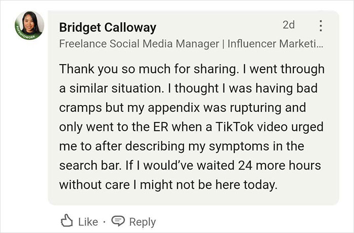 Comment from a social media manager explaining how a TikTok video prompted her to seek medical help, potentially saving her life.