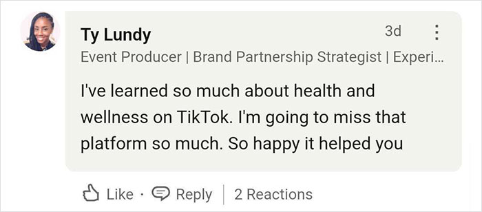 Comment appreciating TikTok for health and wellness tips, expressing gratitude for its help.