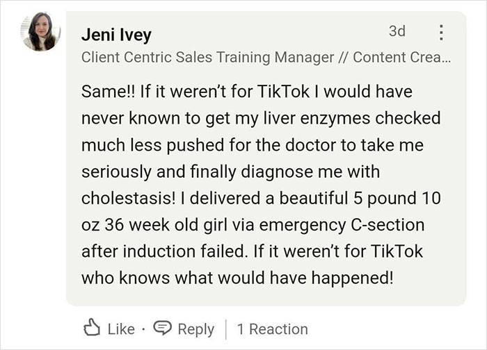 Text message sharing story of TikTok saving a woman's life with a health diagnosis.