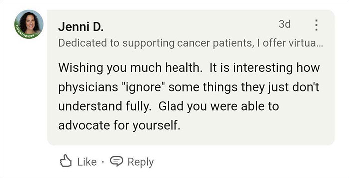 Comment from Jenni D. supporting a woman's health journey, highlighting the impact of TikTok.