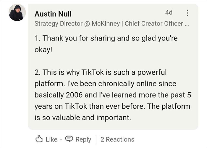 Comment praising TikTok's impact, mentioning its value and importance.