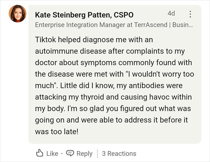 TikTok user shares life-saving health diagnosis experience in a LinkedIn post.