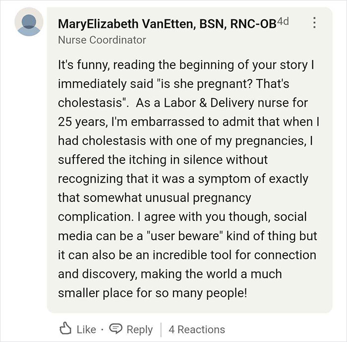 Comment from a nurse discussing how TikTok highlighted a pregnancy complication, emphasizing social media's impact.