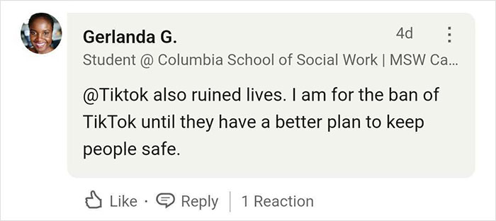 Comment about TikTok's impact on safety, expressing concern and calling for a better safety plan.