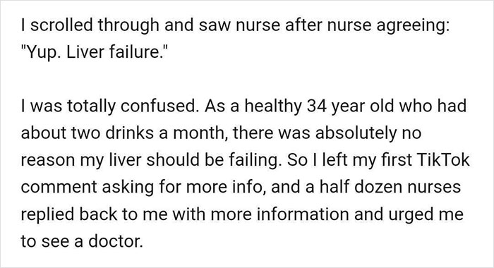 Text describing TikTok users advising a woman to see a doctor for liver failure concerns.