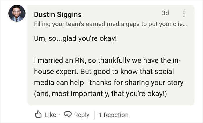 A comment discussing social media's impact and gratitude for shared life-saving stories.