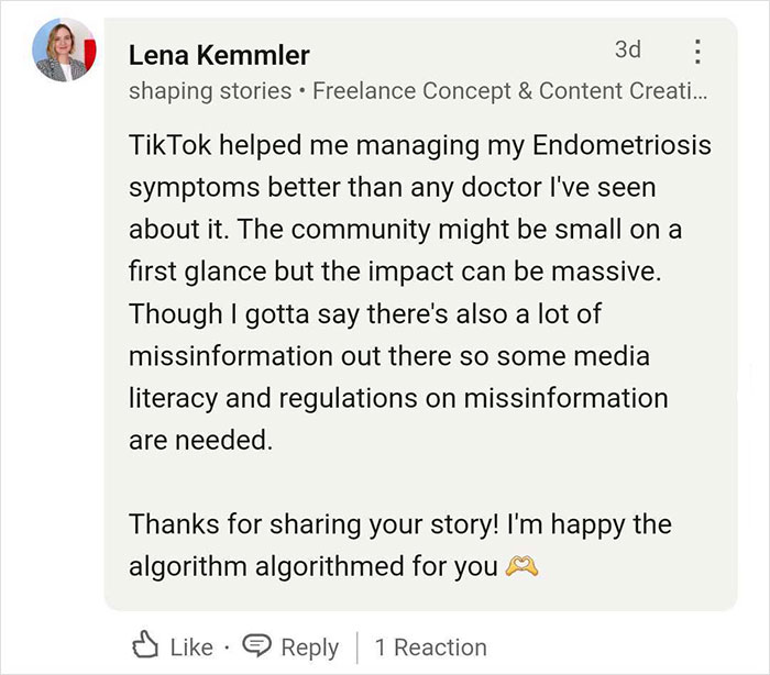 Lena's post about TikTok helping manage endometriosis symptoms better than doctors, highlighting community impact and misinformation.