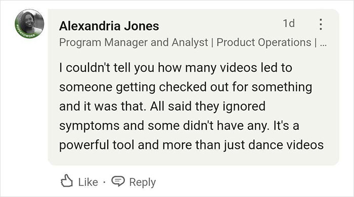 Comment highlighting TikTok's impact on health awareness, mentioning symptoms being ignored.