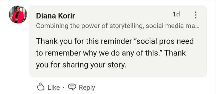 A comment expressing gratitude for sharing a life-saving story on social media.