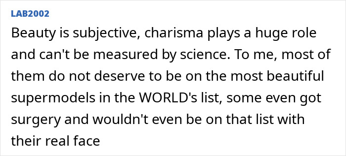 Text discussing subjective beauty and its relation to science, mentioning supermodels and opinions on cosmetic surgery.