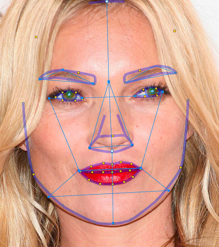 Blonde woman with overlaid facial symmetry lines, showcasing beauty analysis according to science.