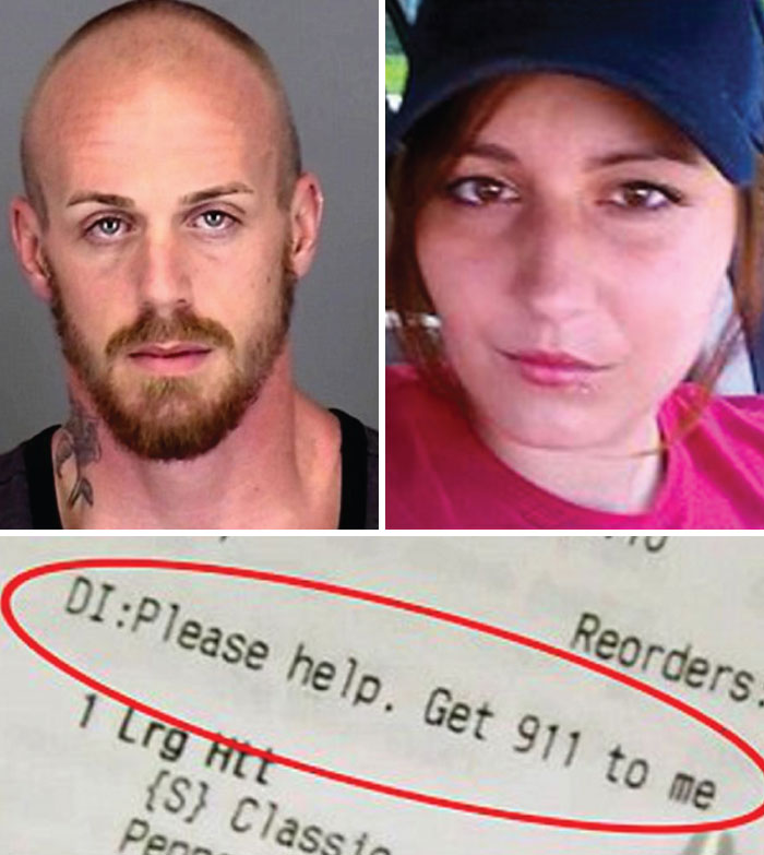 Mugshot and photo of individuals with a takeaway receipt showing a true crime plot twist message for help.