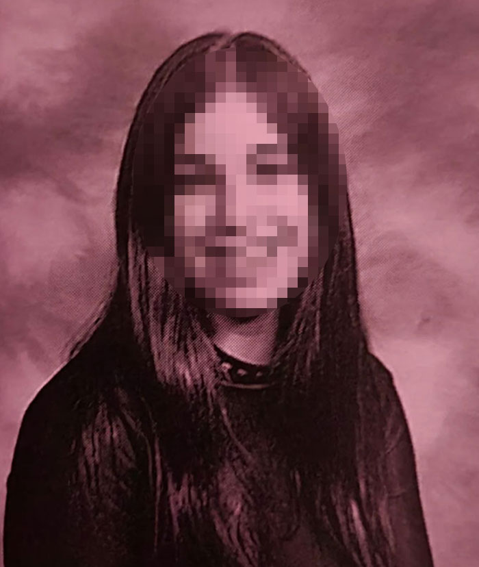 "Pixelated portrait of a young woman relevant to true crime plot twists."