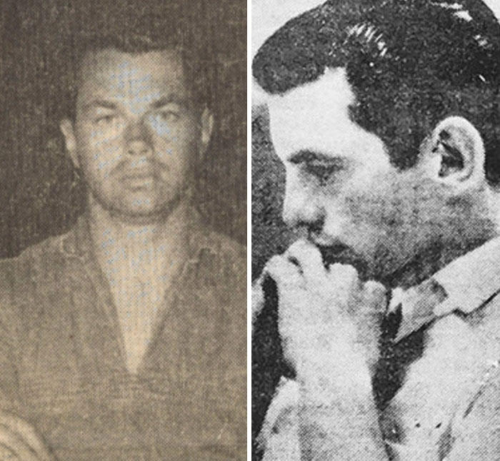 Two men involved in infamous true crime cases, one looking directly and the other in profile, both in black and white photos.