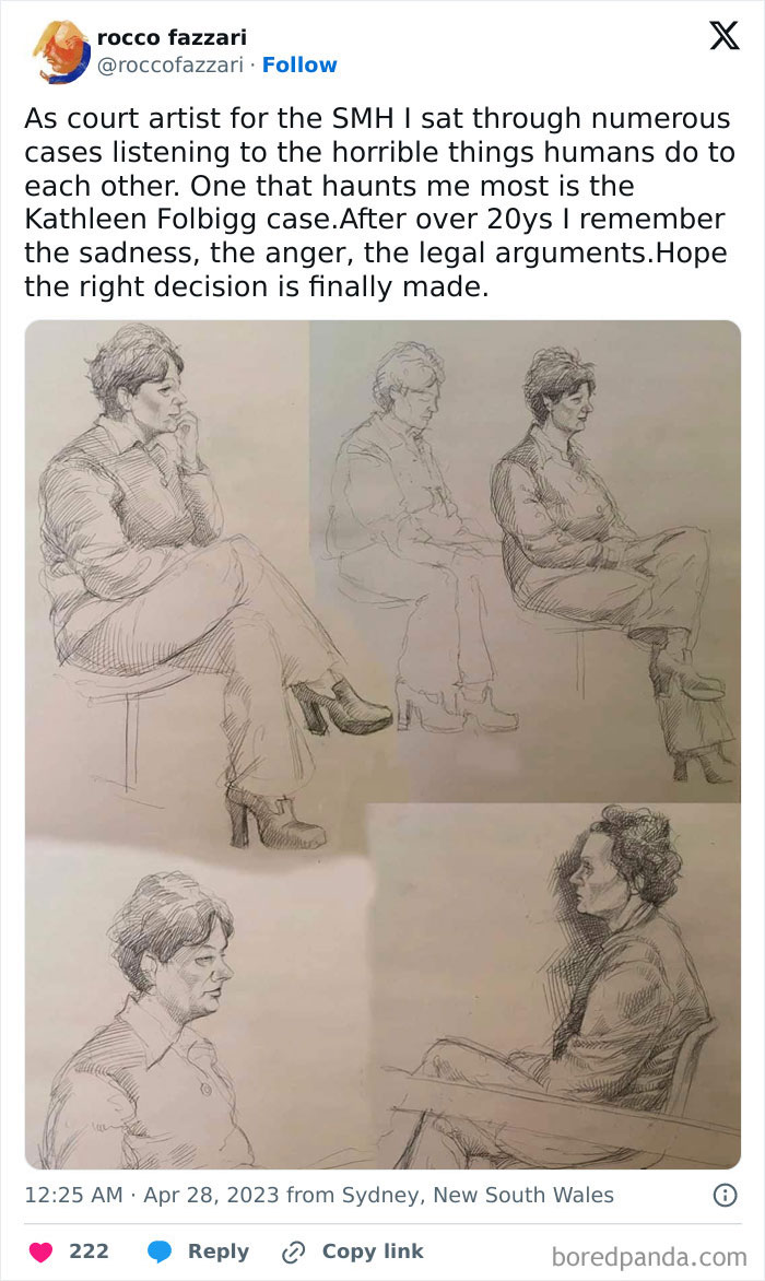 Courtroom sketches depicting individuals involved in true crime cases, highlighting intense emotions and plot twists.