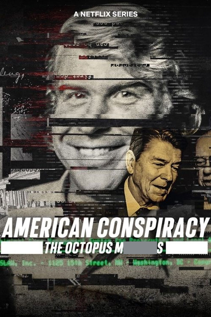 True crime cases inspire TV and movie poster of "American Conspiracy," featuring layered black-and-white portraits.