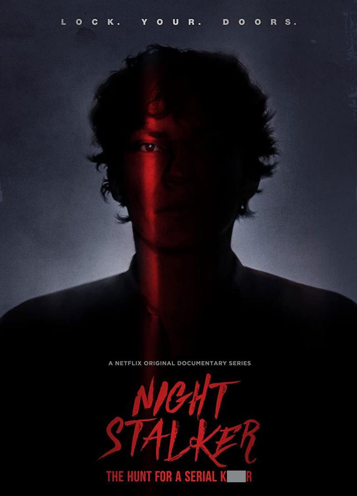 "Silhouette with red lighting from true crime cases series 'Night Stalker.'"