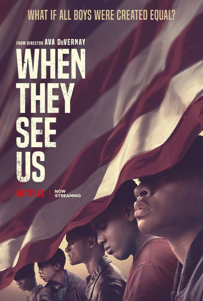 Five young men under an American flag, true crime inspiration for TV shows and movies.