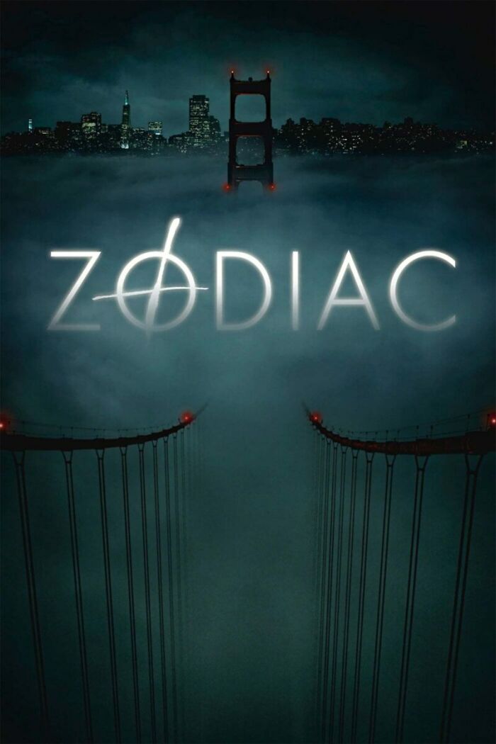 Zodiac film poster with the Golden Gate Bridge enveloped in fog, inspired by true crime cases.