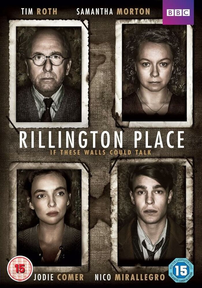 "Promotional poster for the true crime-inspired series 'Rillington Place' featuring cast portraits."