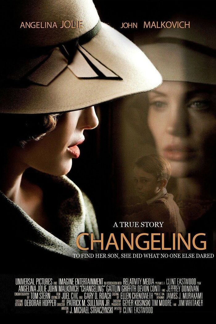 Film poster for "Changeling" depicting a woman in a hat, reflecting in glass, inspired by true crime cases.