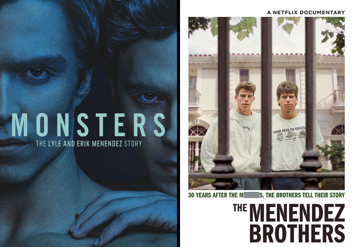 Two film posters depicting the Menendez brothers, based on true crime cases that inspired TV shows and movies.