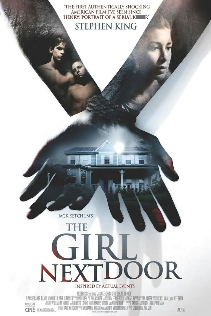 Movie poster for "The Girl Next Door" depicting characters and a house; true crime cases inspired TV and film.